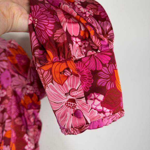 WAYF Loral Print Ruched Plunge Neck Satin Blouse Pink Berry Floral Long Sleeve - Picture 7 of 13